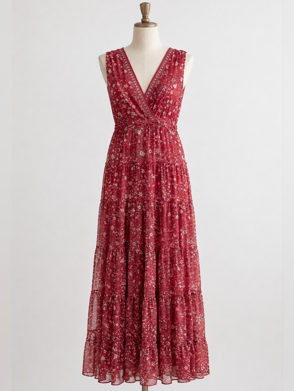 MAX STUDIO Red Floral Boho Tiered Maxi Dress Size XS
